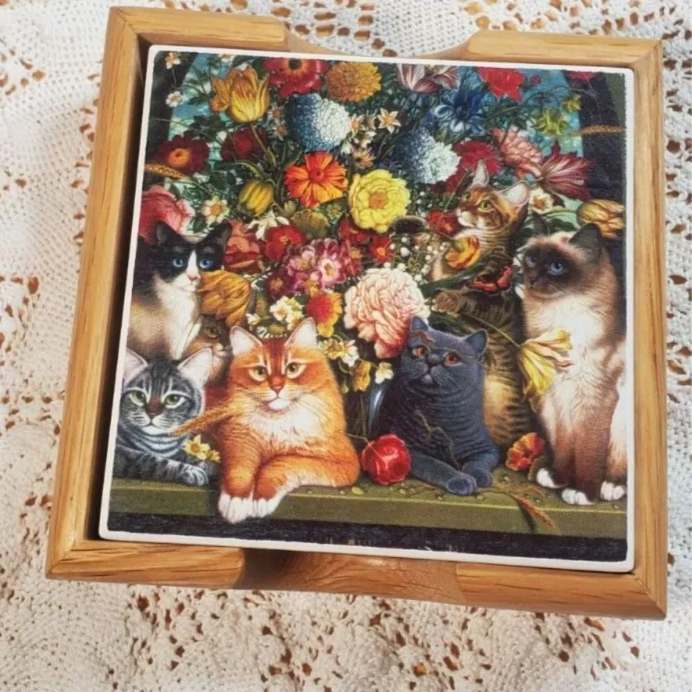 Cute Cat Coasters 4 in the set with Coaster Holder